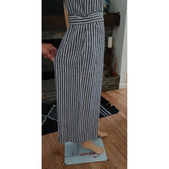 Wide Leg Linen Blend Jumpsuit Romper Sleeveless Pinstriped Pockets Wrap Belt XL - Picture 9 of 16